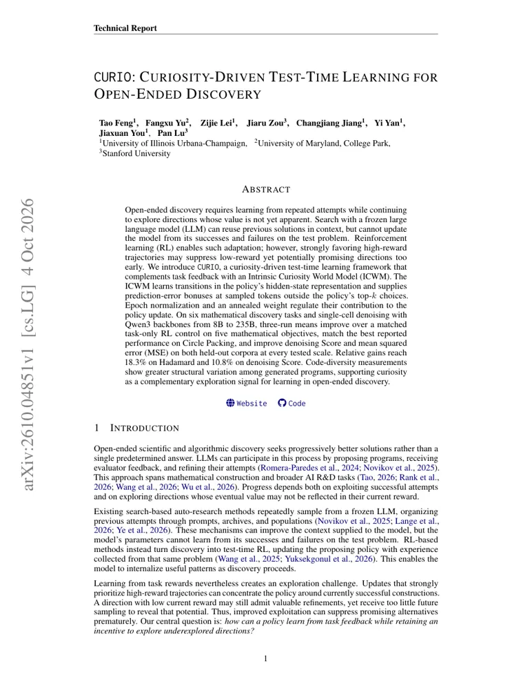 First-page preview of CURIO: Curiosity-Driven Test-Time Learning for Open-Ended Discovery