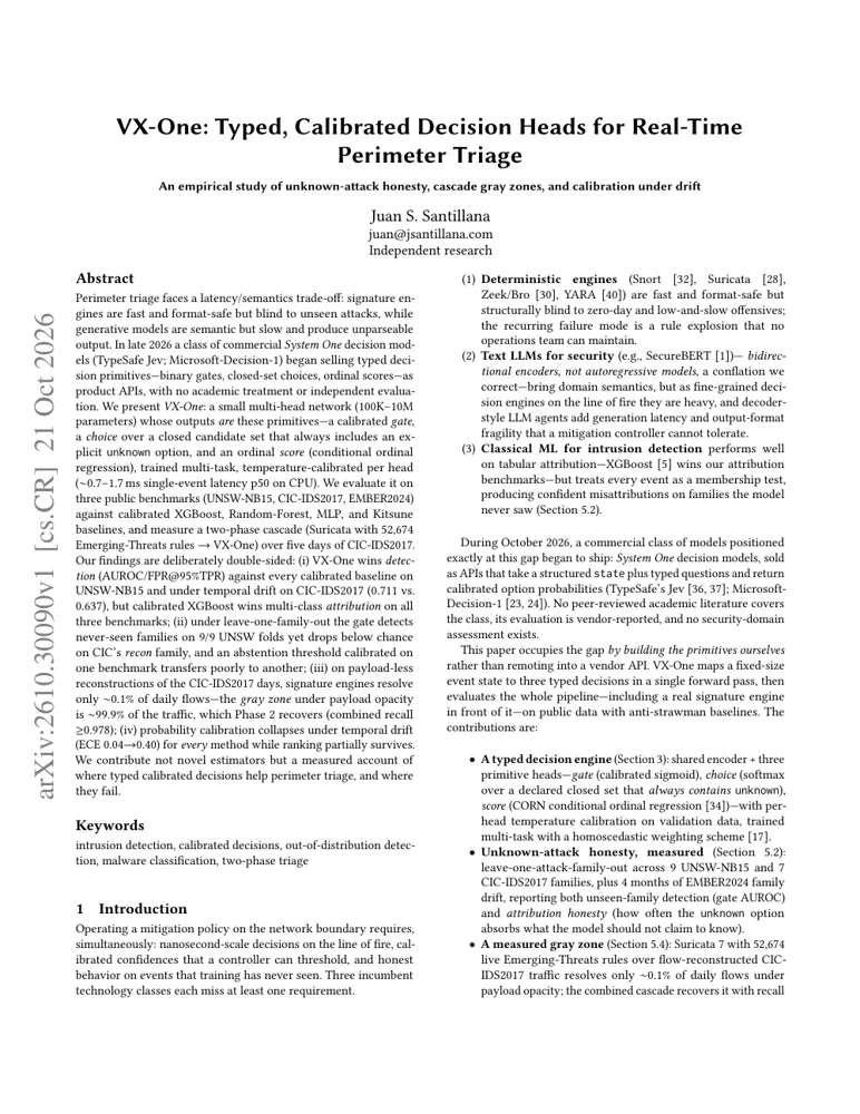 First-page preview of VX-One: Typed, Calibrated Decision Heads for Real-Time Perimeter Triage - An empirical study of unknown-attack honesty, cascade gray zones, and calibration under drift