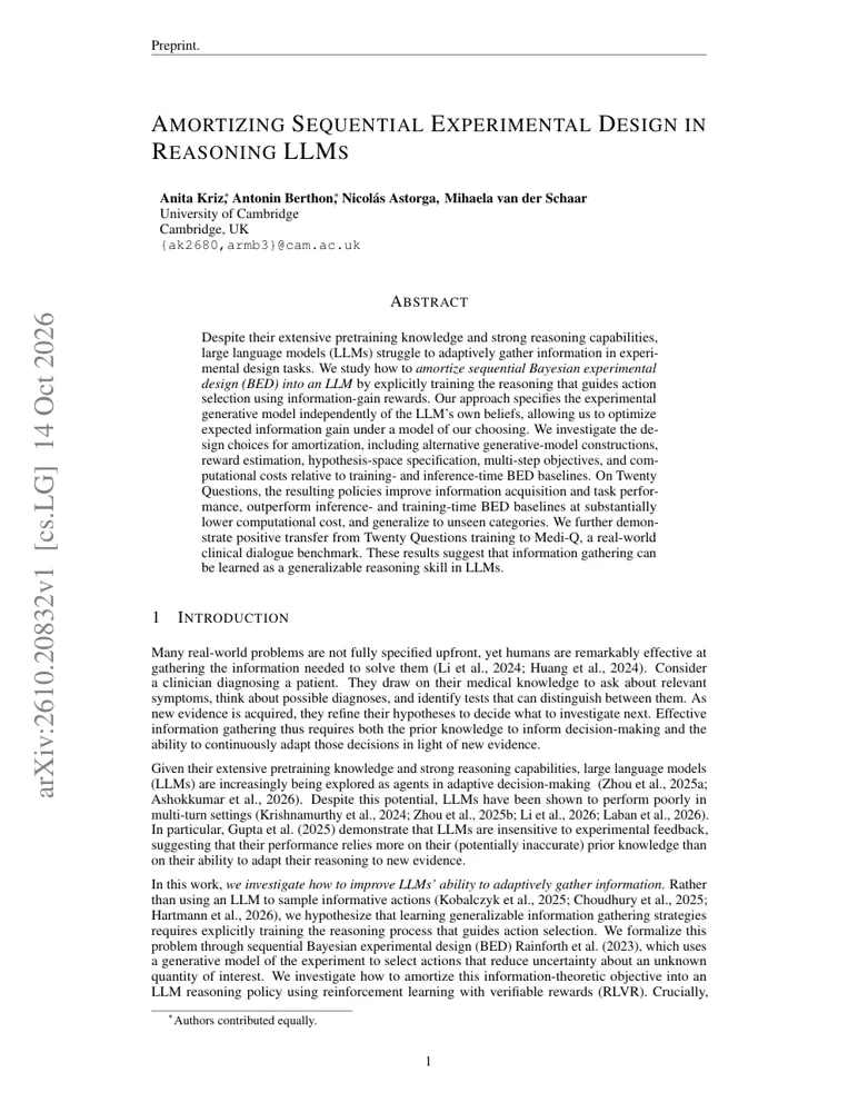 First-page preview of Amortizing Sequential Experimental Design in Reasoning LLMs