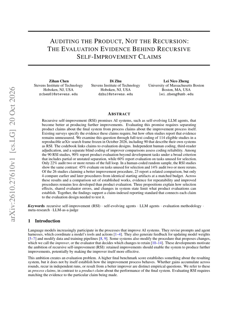 First-page preview of Auditing the Product, Not the Recursion: The Evaluation Evidence Behind Recursive Self-Improvement Claims