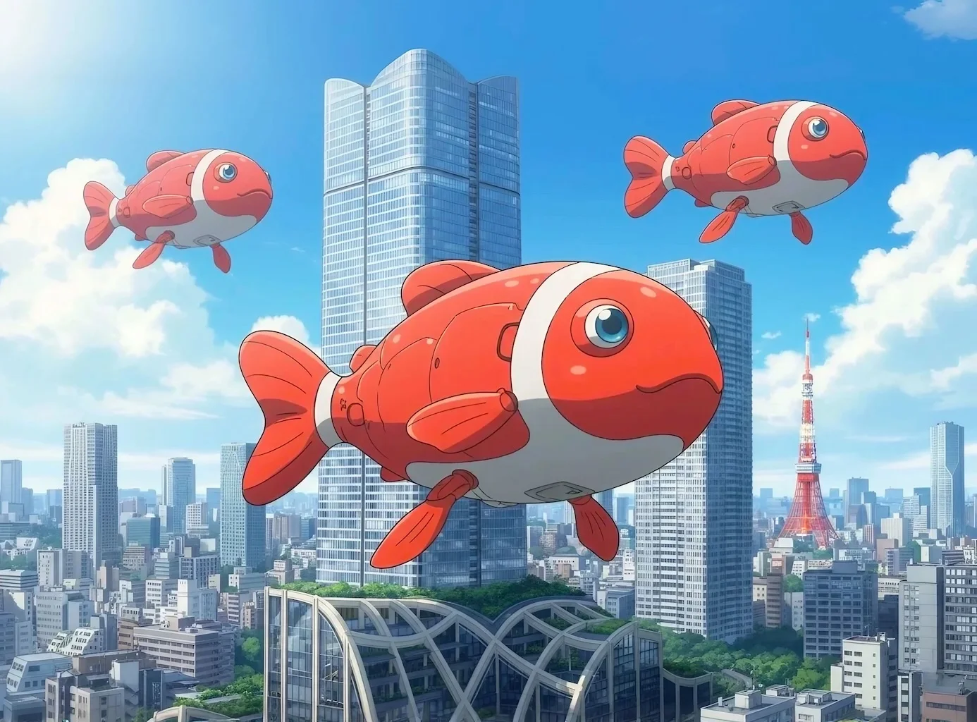 Illustration of three red-and-white mechanical fish floating above a city skyline, with Tokyo Tower visible. No chart, diagram, labels or research results appear.