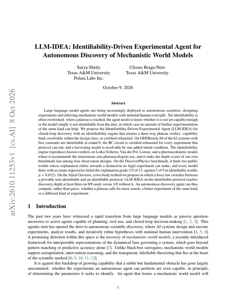 First-page preview of LLM-IDEA: Identifiability-Driven Experimental Agent for Autonomous Discovery of Mechanistic World Models