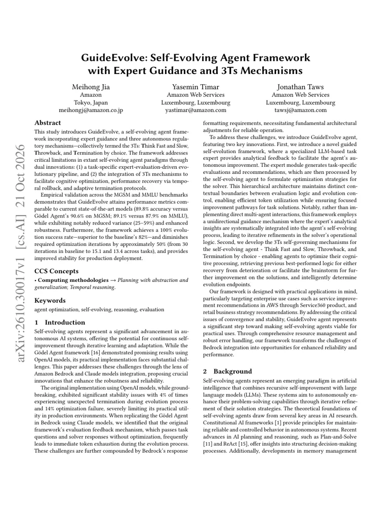 First-page preview of GuideEvolve: Self-Evolving Agent Framework with Expert Guidance and 3Ts Mechanisms